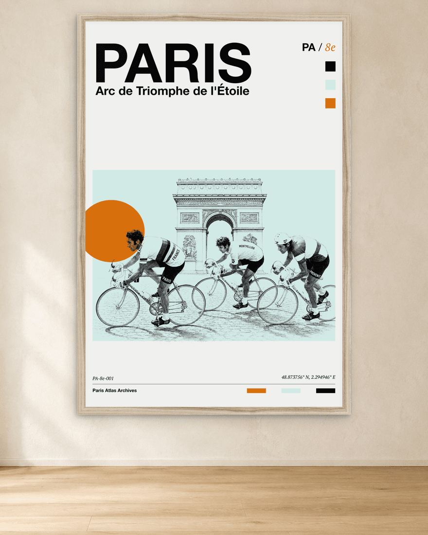 Framed Paris Atlas print of cyclists passing the Arc de Triomphe.