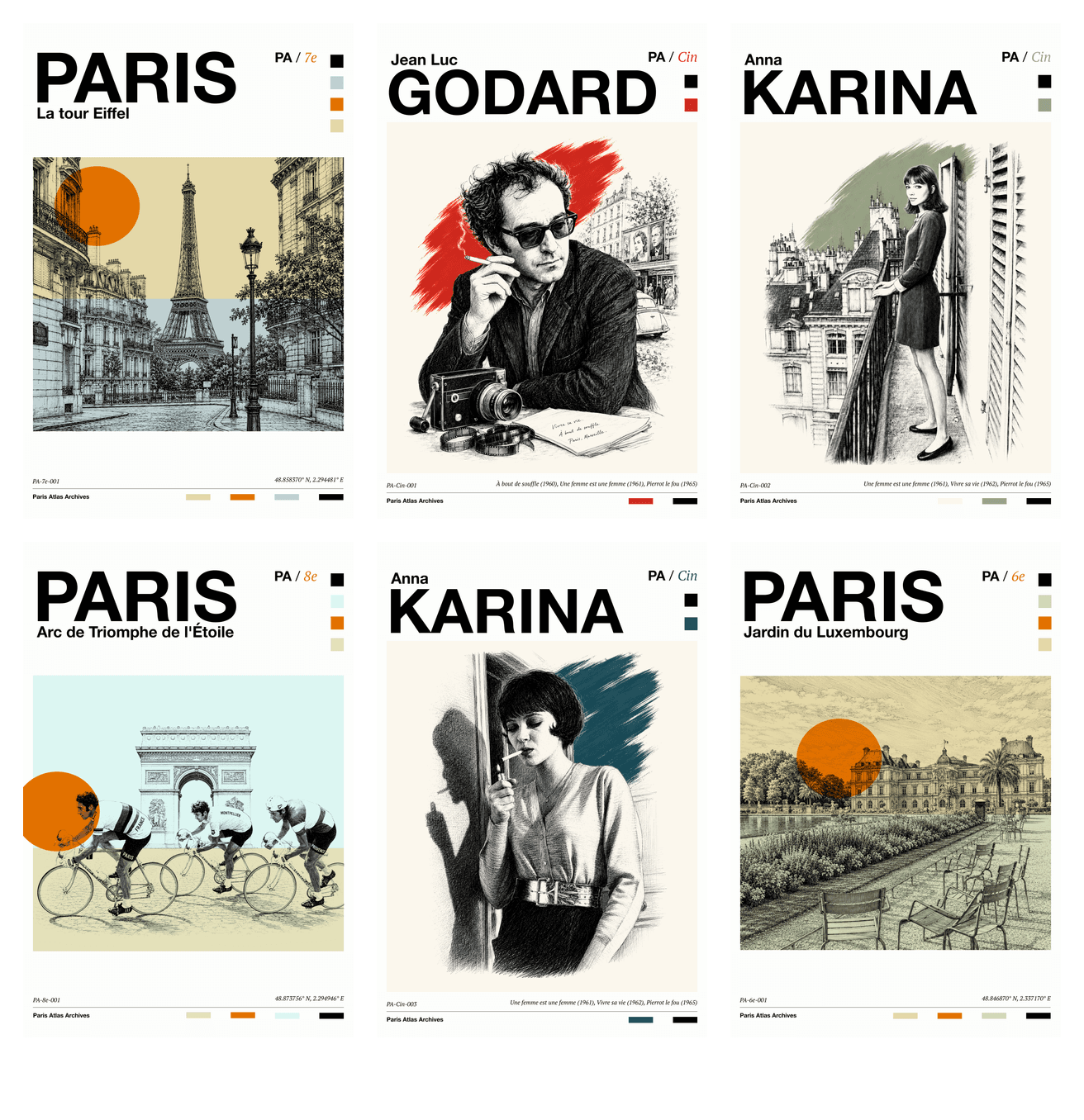 Six Paris Atlas prints in a grid: the Eiffel Tower, Jean-Luc Godard, Anna Karina on a balcony, the Arc de Triomphe with cyclists, Anna Karina lighting a cigarette, and the Jardin du Luxembourg.