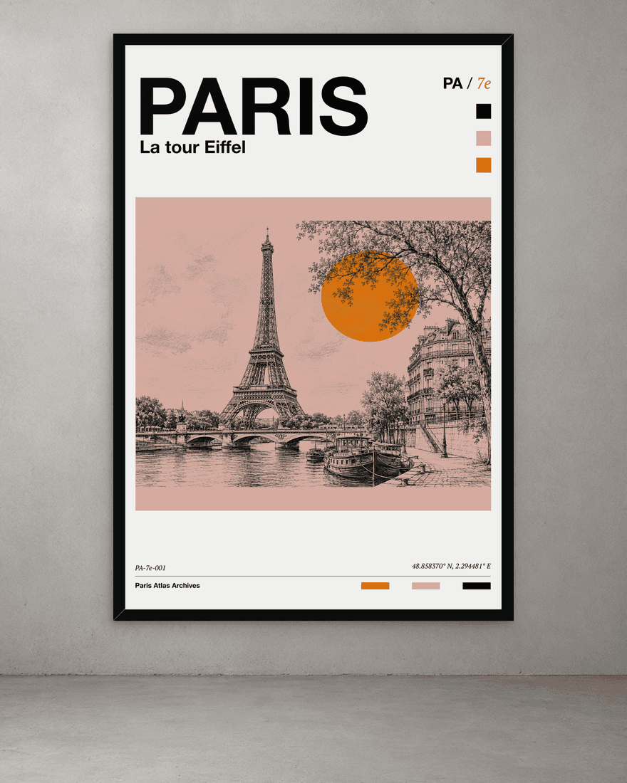 Black-framed Paris Atlas print of the Eiffel Tower over the Seine with an orange sun.