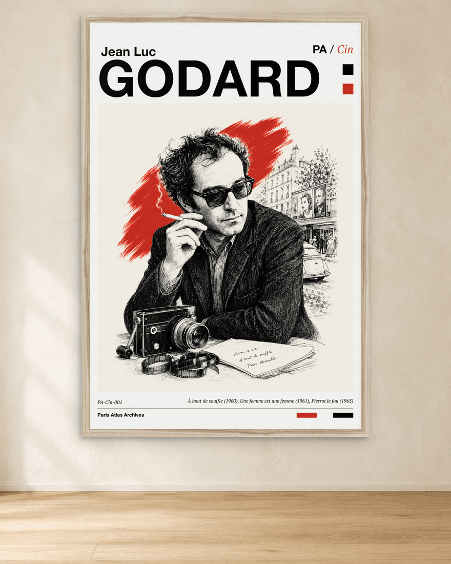 Framed Paris Atlas print of Jean-Luc Godard at a café table with a camera and film reels, on a plaster wall.