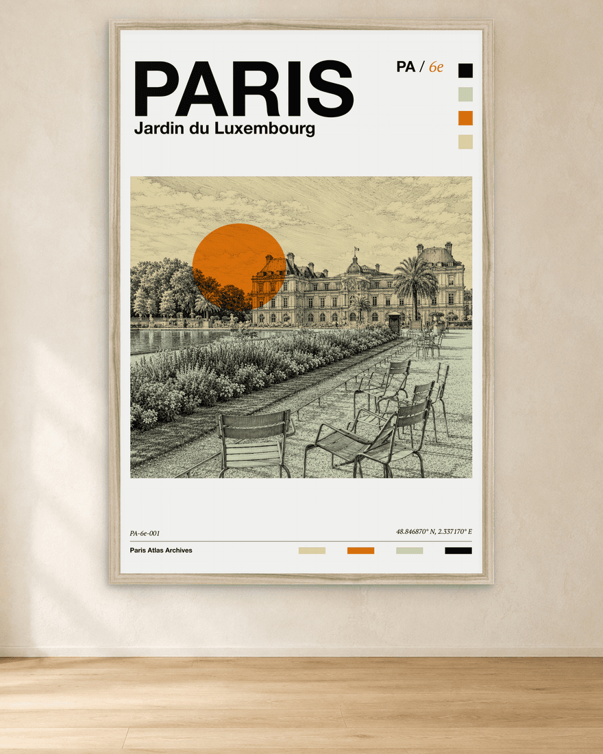 Framed Paris Atlas print of the Jardin du Luxembourg: empty garden chairs before the palace, an orange sun over the trees.