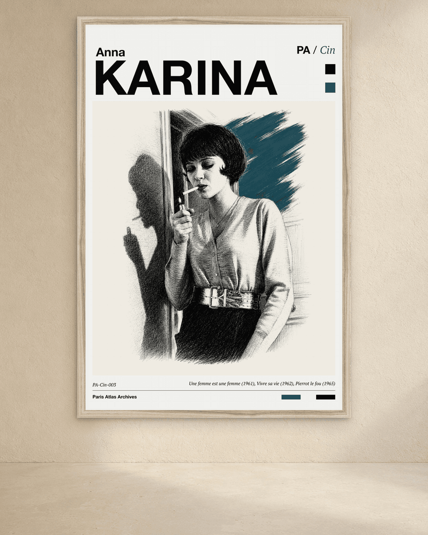 Framed Paris Atlas print of Anna Karina lighting a cigarette, her shadow on the wall behind.