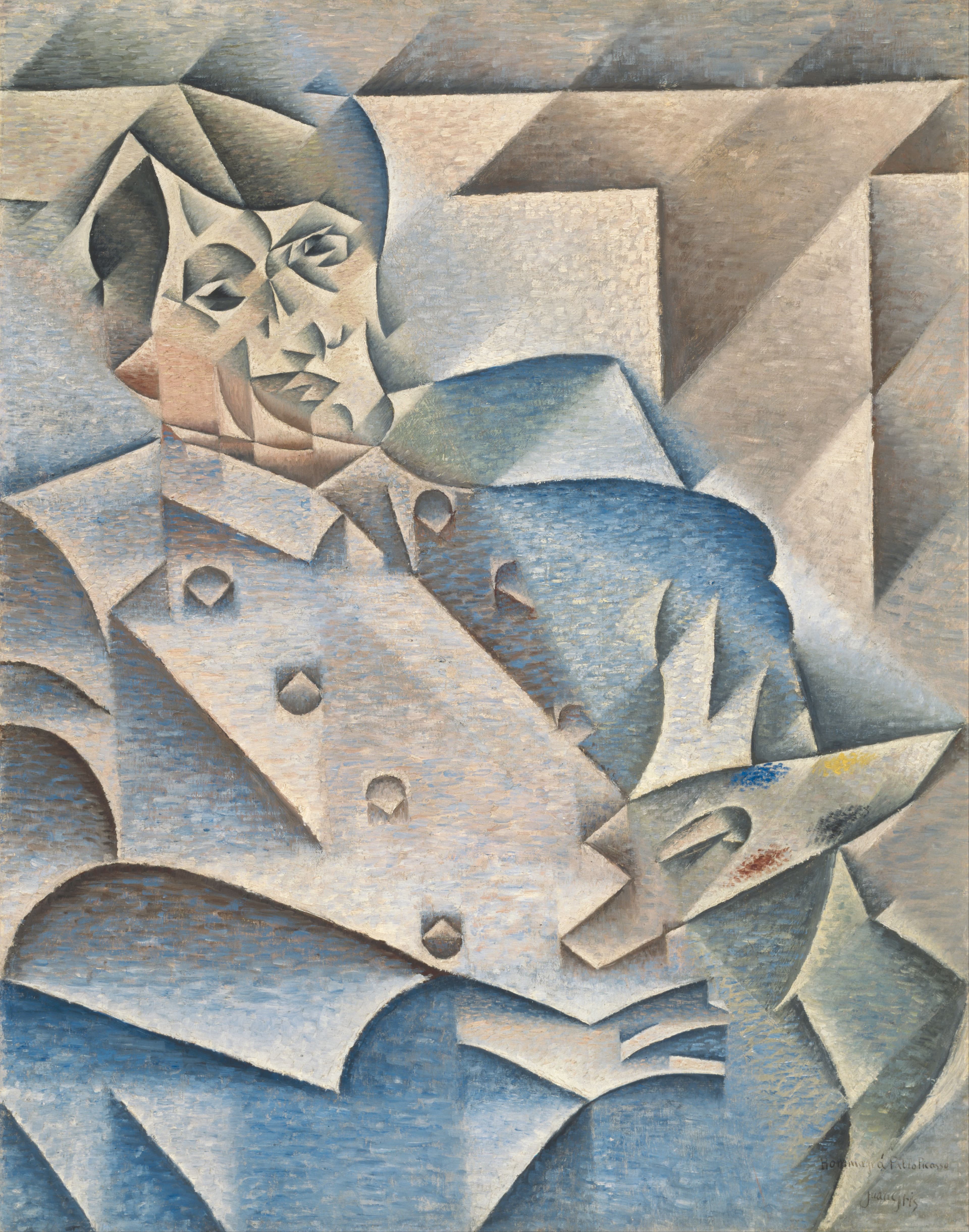 Juan Gris’s Portrait of Pablo Picasso: a seated painter holding a palette, his face and suit divided into blue-gray and brown facets.