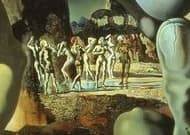 Detail: a group of small nude figures standing together in the middle distance, the rejected admirers from Ovid's version of the myth
