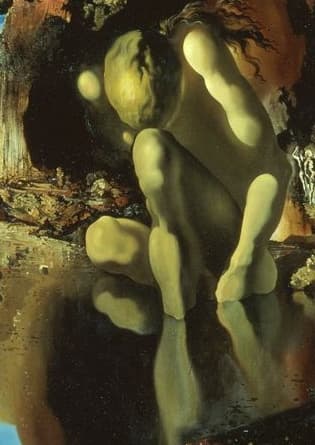 Detail: Narcissus crouching beside the pool in the classical Greek pose, his head resting on his knee, painted in warm brown flesh tones