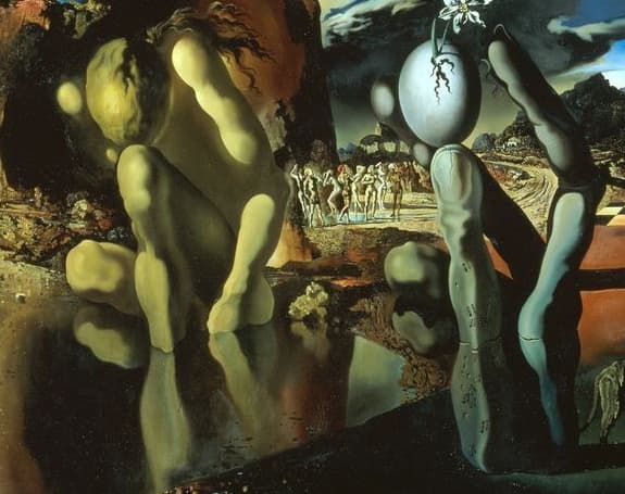 Detail: the central composition of Metamorphosis of Narcissus with the crouching Narcissus at left, the stone hand and egg at right, and small background figures between them