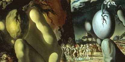 Detail: side-by-side view showing Narcissus's bowed head on the left and the egg held by the stone hand on the right at the same height in the frame