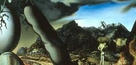 Detail: snowy mountain peaks at the horizon of the painting, with the rounded centre-back summit echoing the head and egg shapes in the foreground