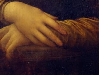 Detail: the Mona Lisa's hands, left hand crossed over the right wrist, painted with fine anatomical accuracy