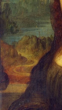 Detail: the left half of the Mona Lisa's background landscape, showing winding roads and a blue-green rocky terrain fading into distance