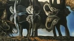 Detail: the reflected zone of the painting showing three elephants facing the viewer with curled trunks