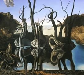 Detail: the central composition of Swans Reflecting Elephants, three swans on still water above bare trees, the same shapes forming three elephants in the reflection below the waterline