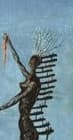 Detail: dark branch-like antler-shaped forms rising from the head and shoulders of the second figure, painted like split dead-wood twigs