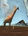 Detail: a small burning giraffe walking across the horizon in the far distance at the left of the painting, flames rising from its neck and back