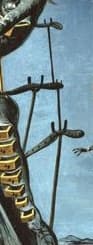 Detail: wooden crutches with Y-shaped tops supporting the central figure from behind, holding her upright in her extended pose