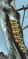 Detail: a row of small wooden drawers with round handles running down the central figure's blue-clad torso and thigh, several of the drawers open and showing empty interiors