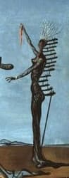 Detail: the smaller second figure of The Burning Giraffe, standing at the right of the composition, more skeletal than the central figure, supported by long thin crutches