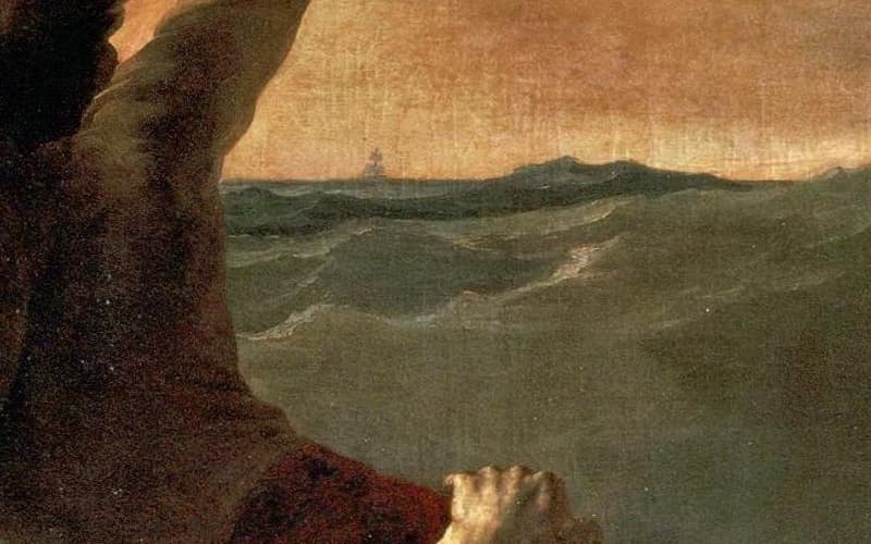 Detail: the far horizon of the painting, showing the tiny distant silhouette of the rescue brig Argus above green ocean, with a dark rock or figure at the top-left edge of the crop
