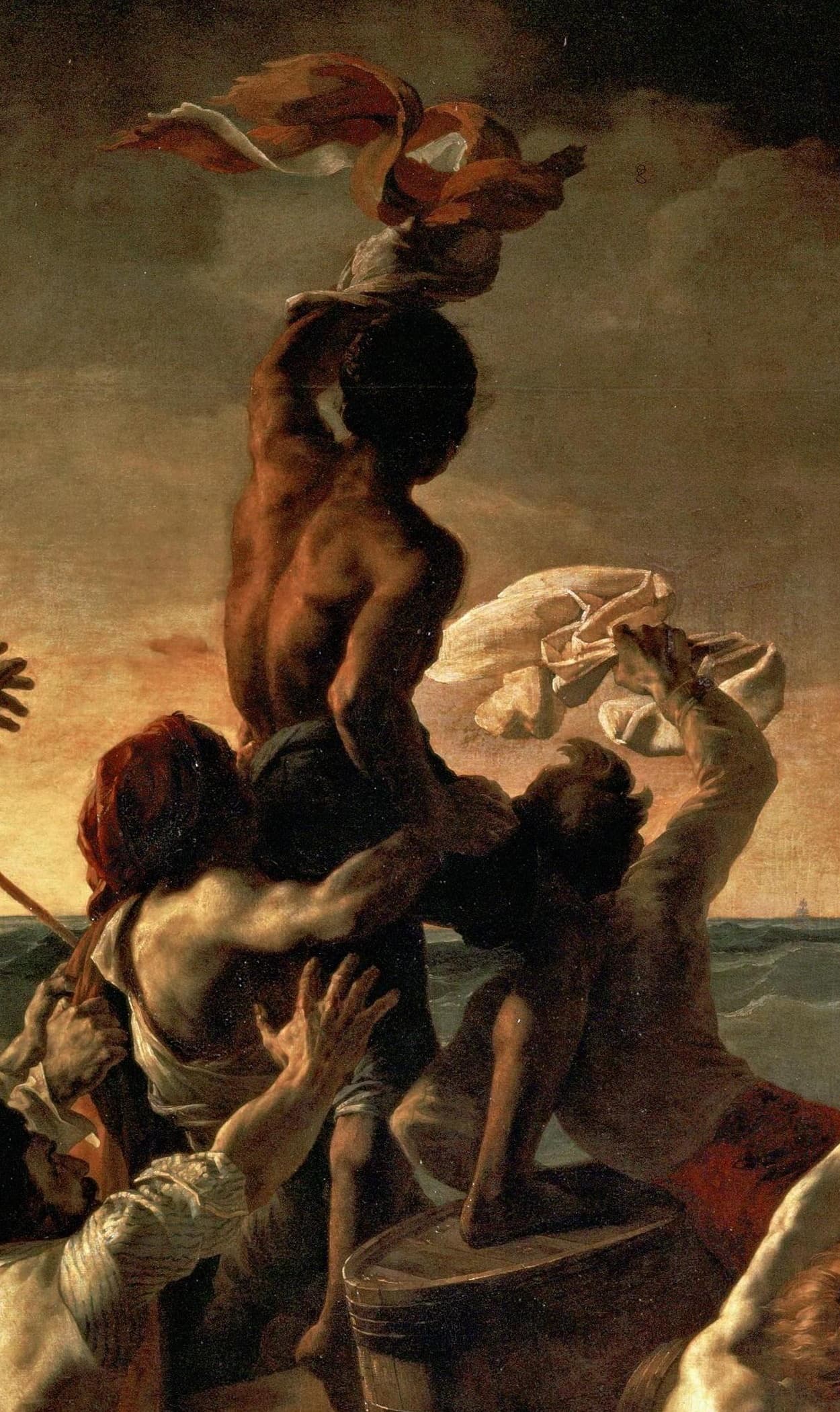Detail: the Black man at the top of the pyramid of survivors, seen from behind, one arm raised waving a red-and-white cloth toward the horizon