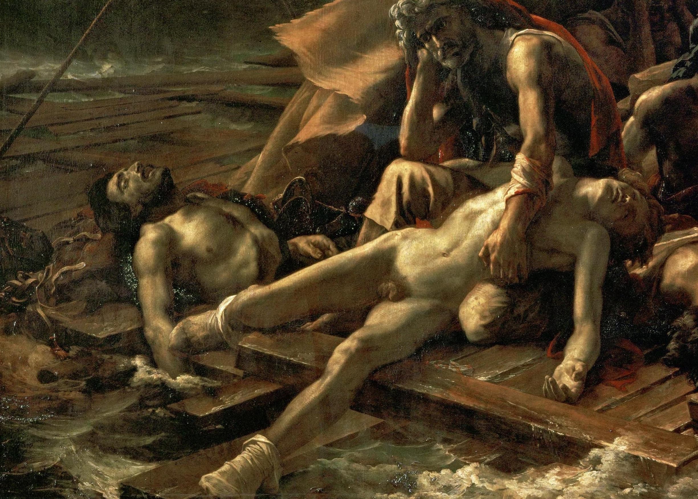 Detail: an old bearded survivor cradles the naked body of a dead young man at the lower left of the raft, a length of red cloth beside them