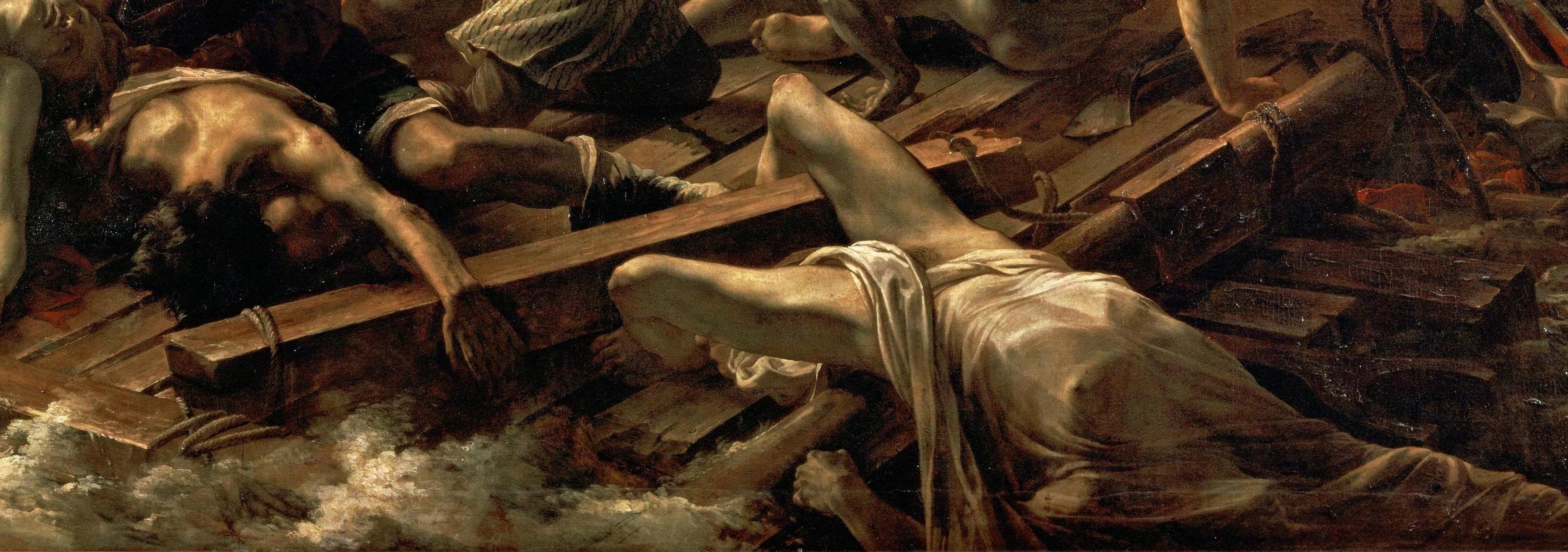 Detail: two dead men lying at the very front of the raft, one face-down with his arm stretched forward across the wet timbers, the other draped in a white cloth, sea washing at the edge