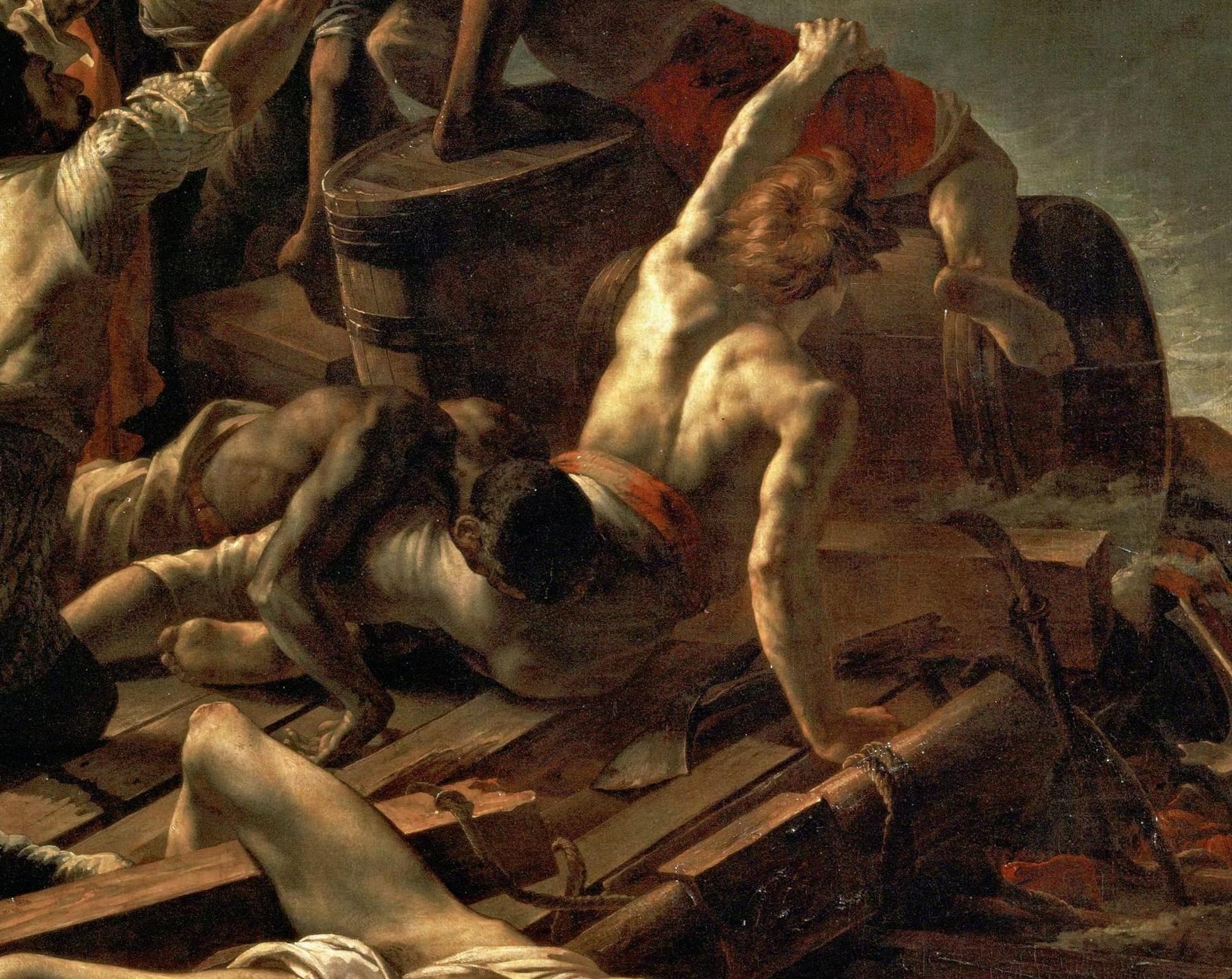 Detail: a heavily muscled naked survivor climbing on a wooden barrel at the centre of the raft, back to the viewer, dead bodies visible below him