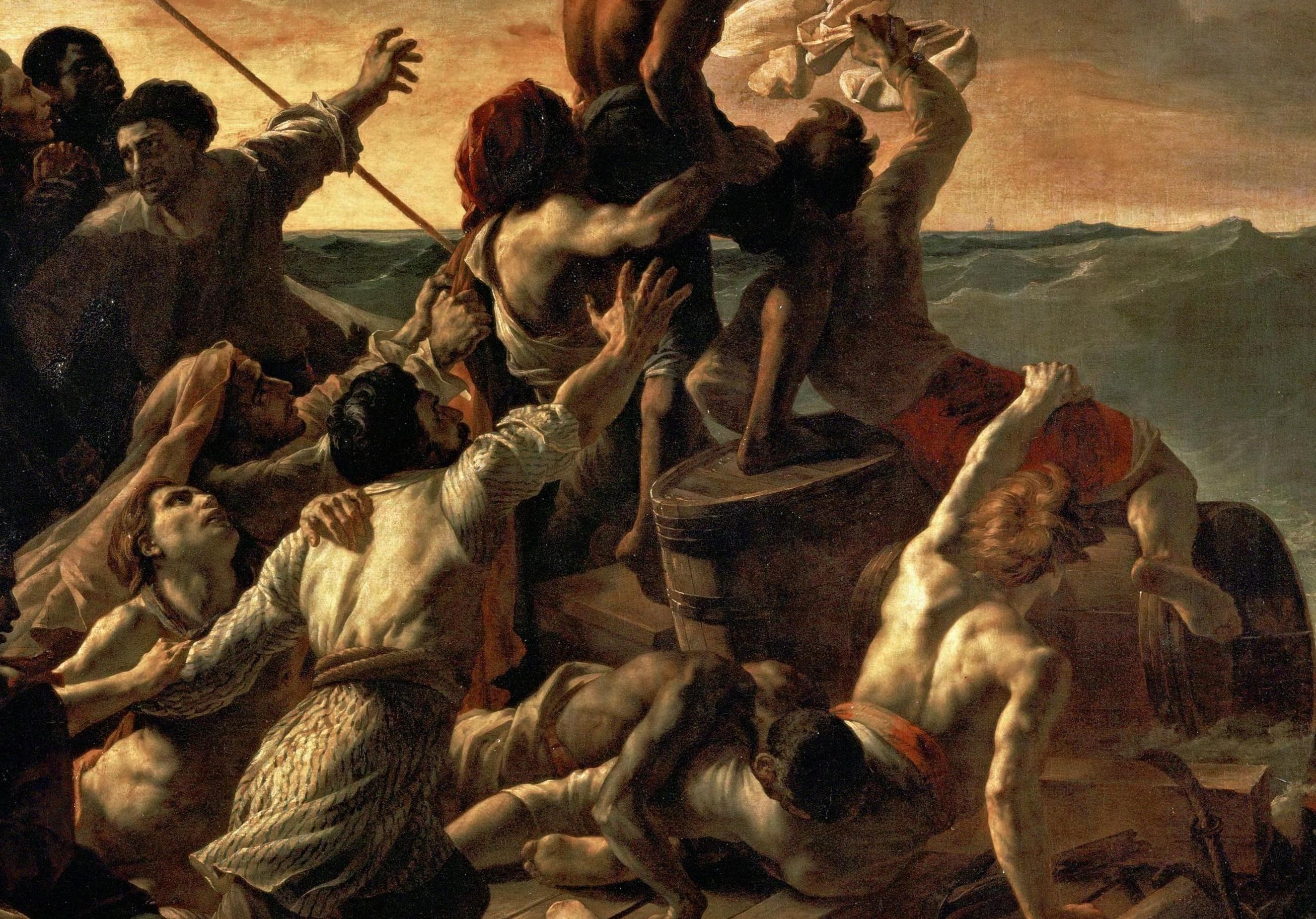 Detail: the central crowd of surviving figures on the raft, arms stretched upward, faces turned toward the horizon, climbing toward the summit of the composition