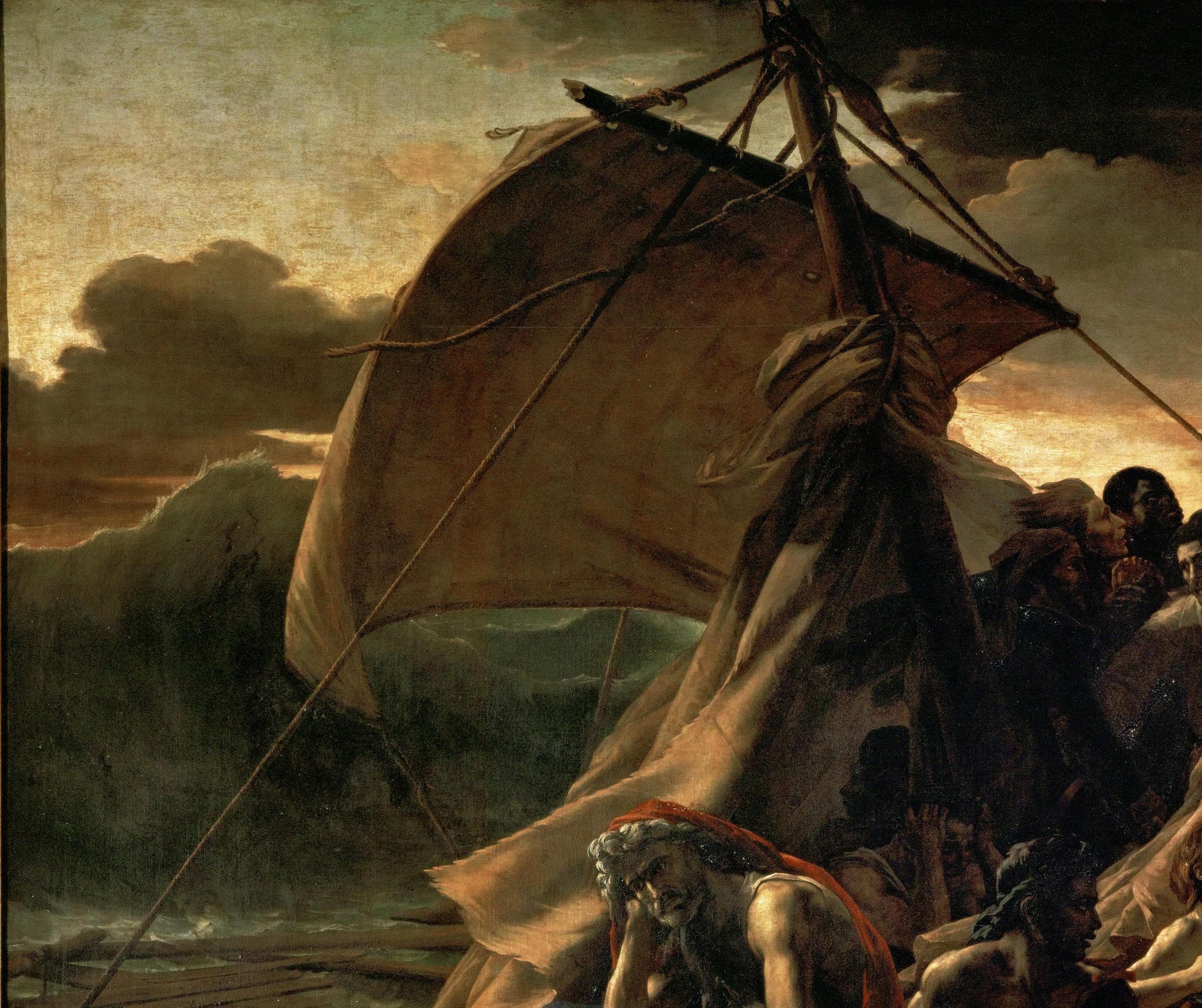 Detail: the mast and dark sail of the raft against a stormy sky, the sail bellied by wind blowing away from the rescue ship