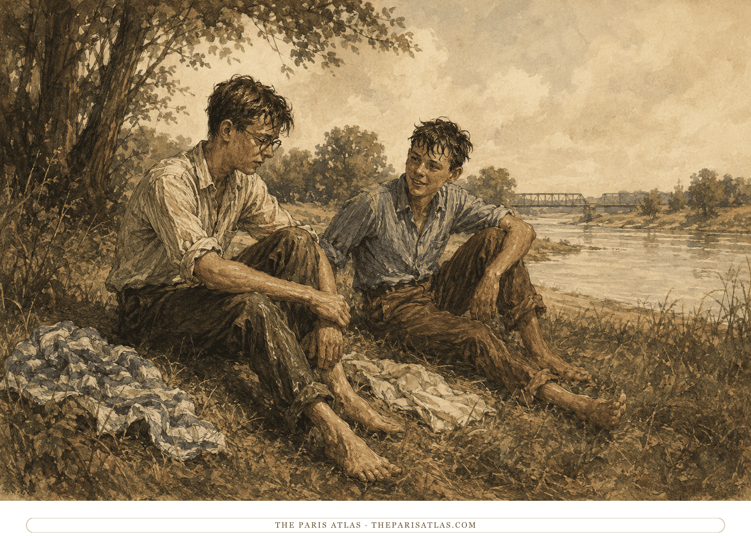 Two fully clothed teenage boys sit on a grassy Midwestern riverbank after swimming, one thoughtful and self-conscious while the younger boy smiles at him