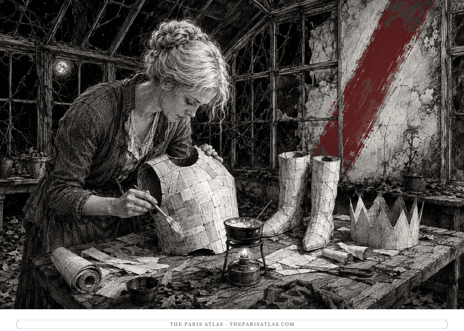 Dorothy pastes paper armor in a dark conservatory beneath a steep crimson brushstroke.