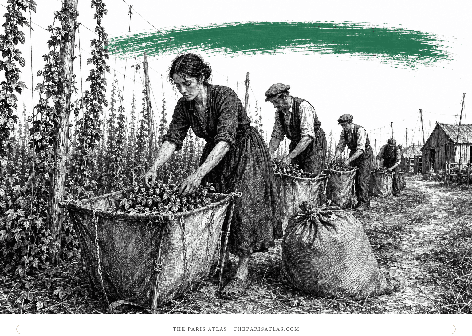 Dorothy gathers hops with adult workers in a Kent field beneath a broad emerald brushstroke.
