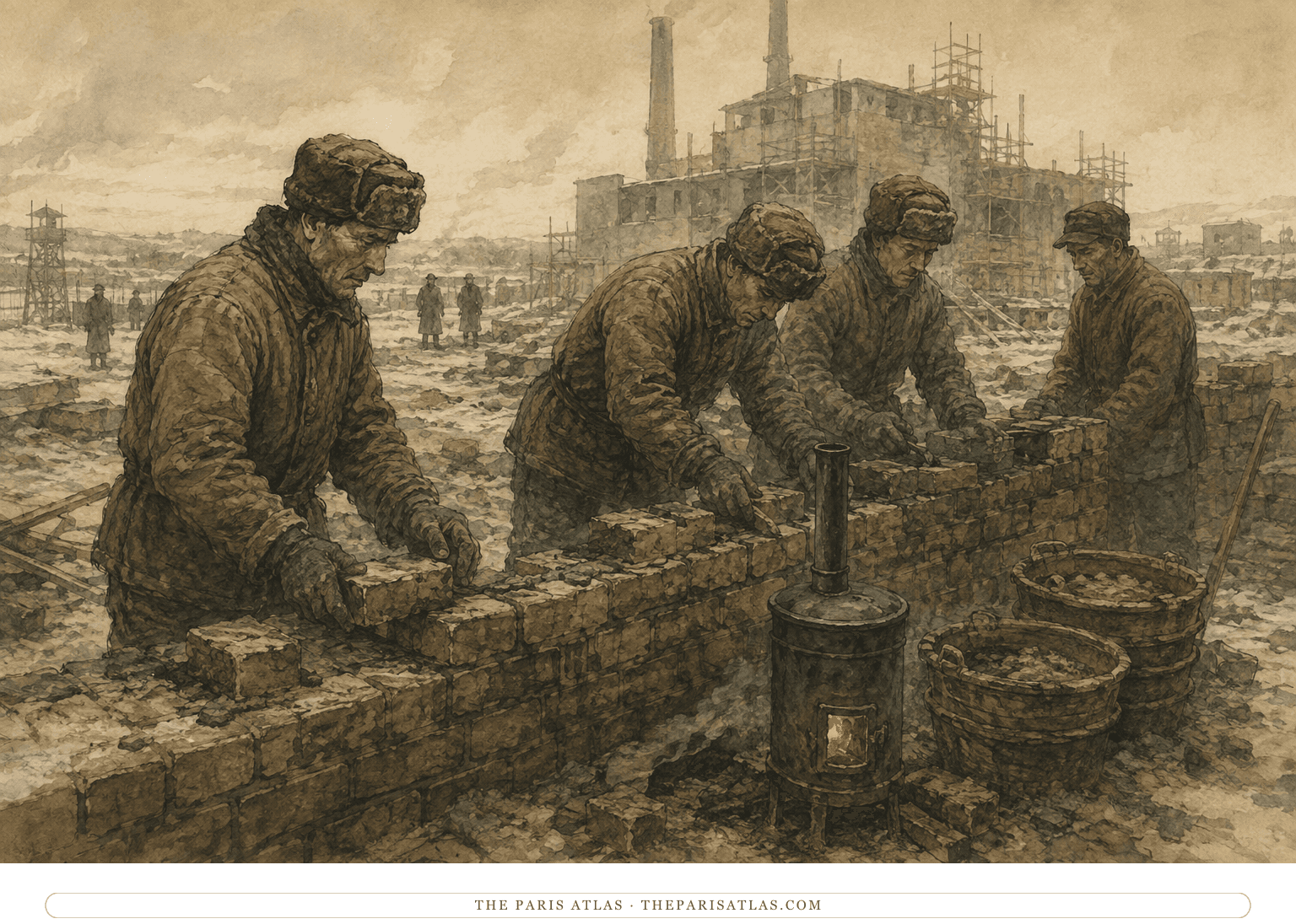 Shukhov and members of squad 104 lay bricks at an unfinished power station in winter