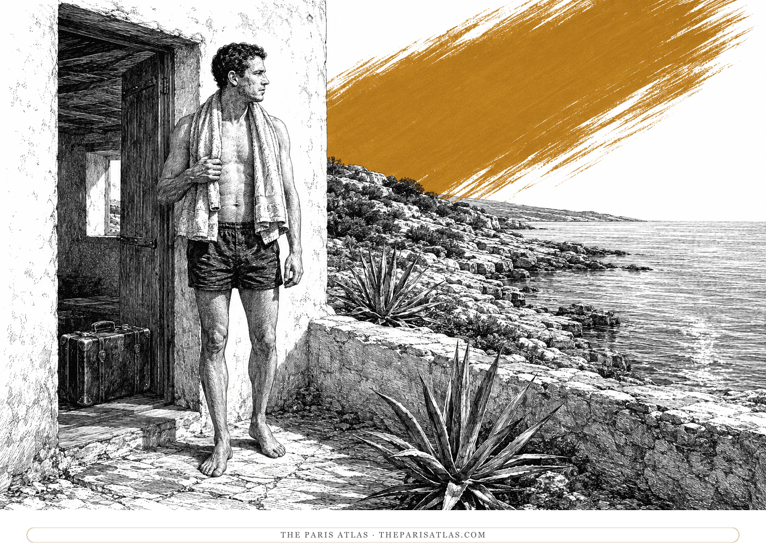 A barefoot man with a towel over his shoulders stands beside a suitcase at a whitewashed seaside house, beneath an ochre brushstroke.