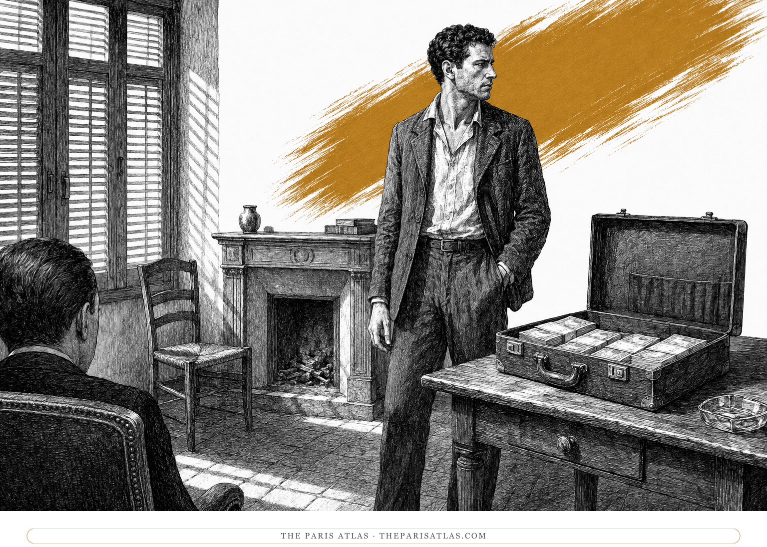 Mersault stands beside a suitcase of money in a shuttered room, with Zagreus mostly hidden behind an armchair and an ochre brushstroke above.