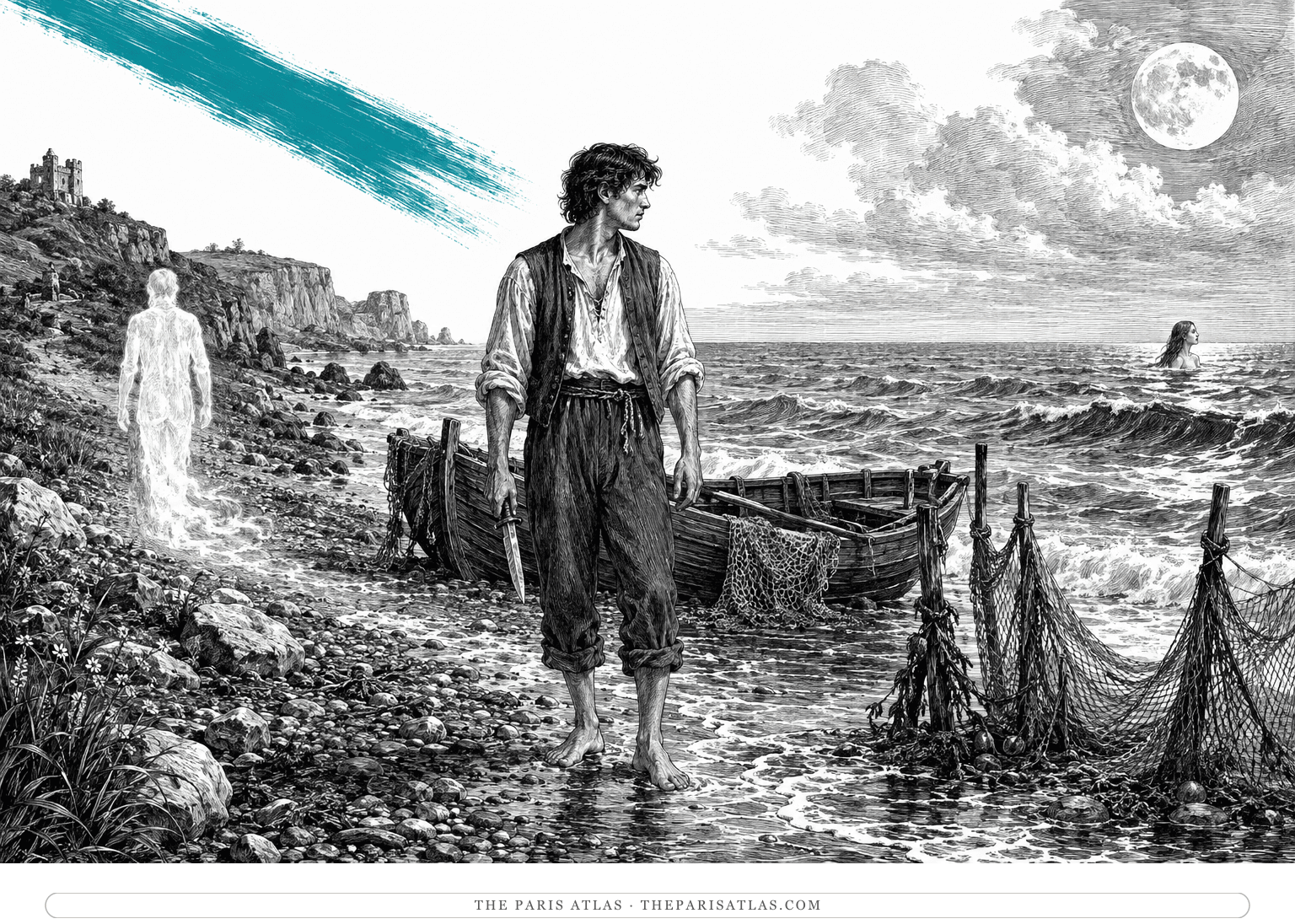 A fisherman stands at the moonlit shore as his shadow-like Soul departs beneath a descending turquoise brushstroke.