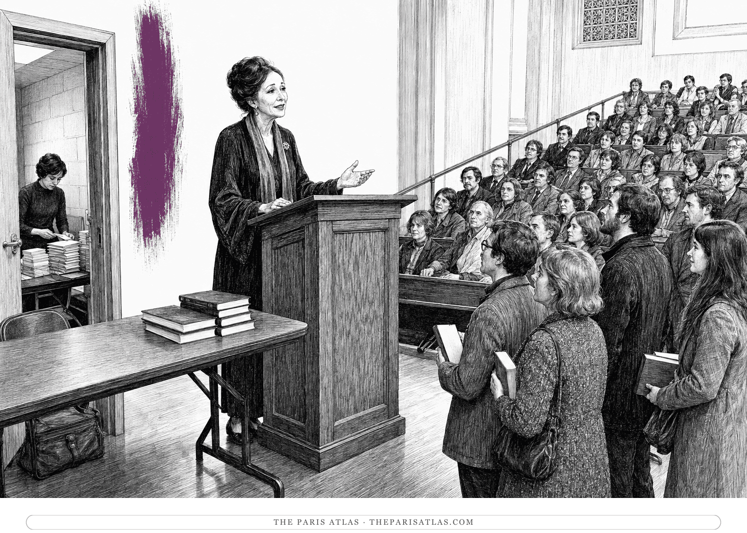 Anaïs Nin addresses a crowded lecture hall beneath a vertical plum brushstroke.