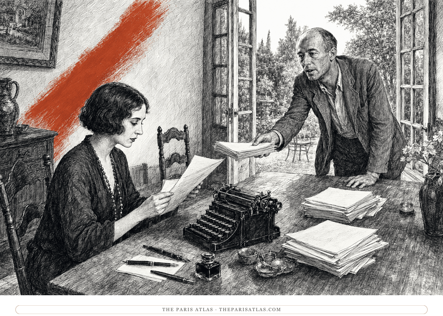 Anaïs Nin and Henry Miller exchange manuscript pages at a Louveciennes table beneath a rising rust-red brushstroke.