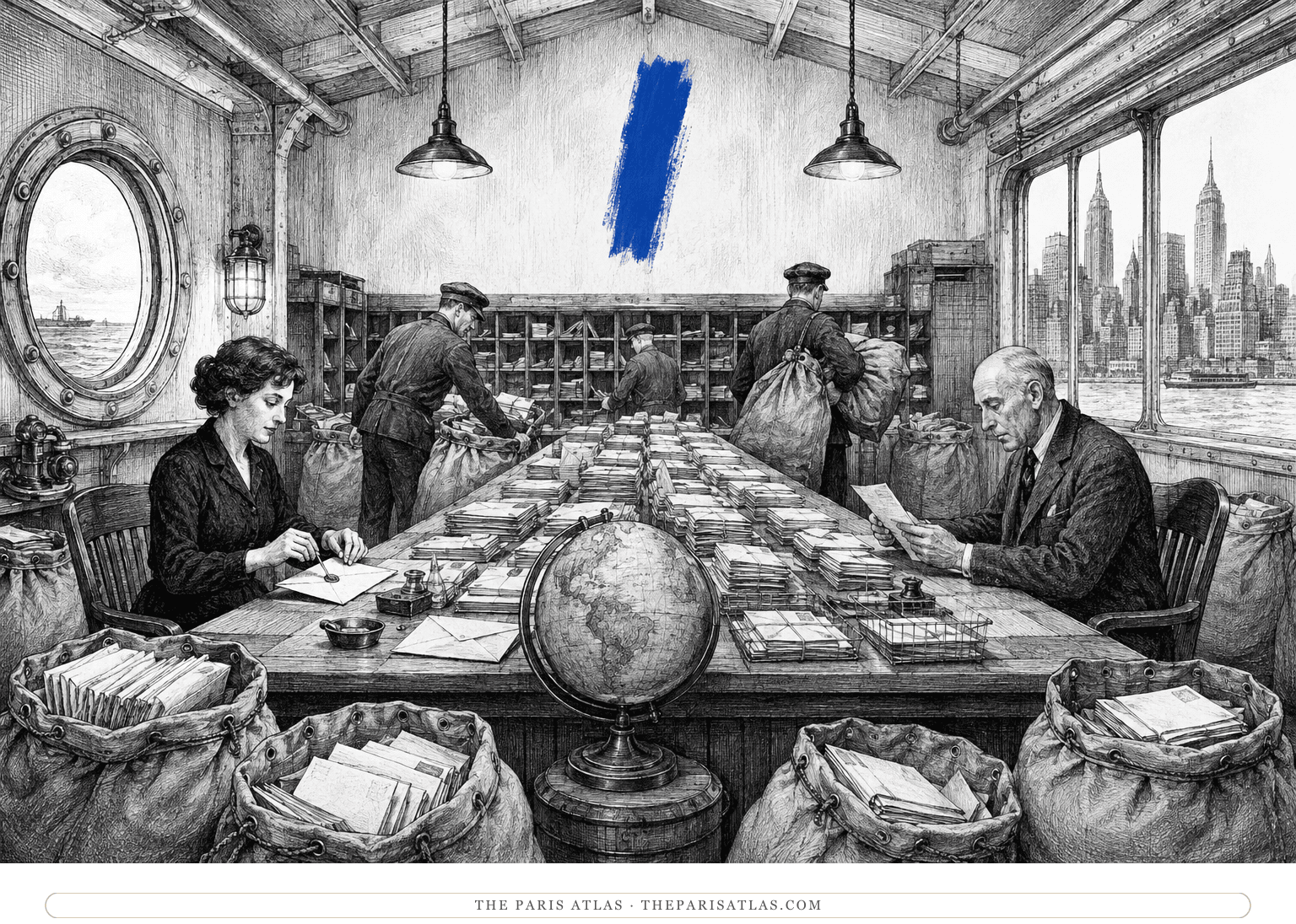 Two writers compose letters on opposite sides of an ocean mailroom beneath a short cobalt brushstroke.