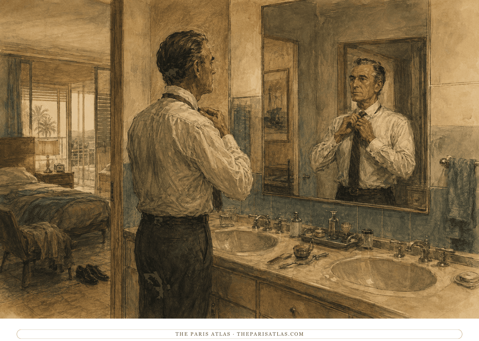 A carefully groomed man knots his tie before a bathroom mirror in a modern early-1960s Southern California house with an empty second sink beside him