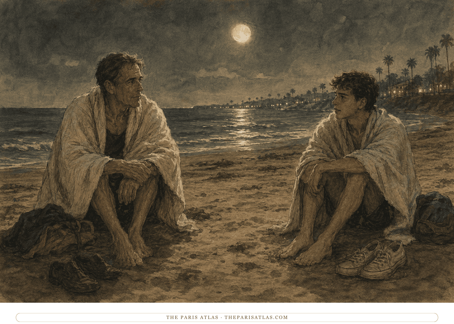 A middle-aged man and a college-aged man sit apart on a moonlit Southern California beach wrapped in towels after a swim and speak across the sand