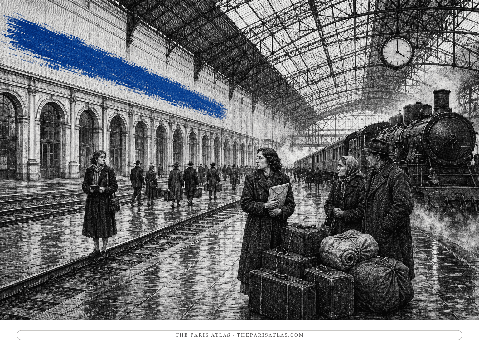 Refugees wait beside luggage on a Prague railway platform beneath a long cobalt brushstroke.