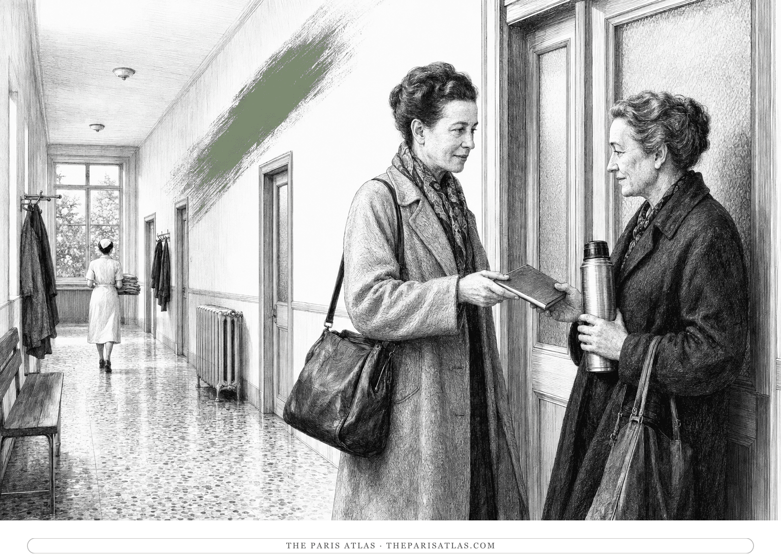 Two sisters exchange a notebook in a quiet clinic corridor beneath a descending sage brushstroke.