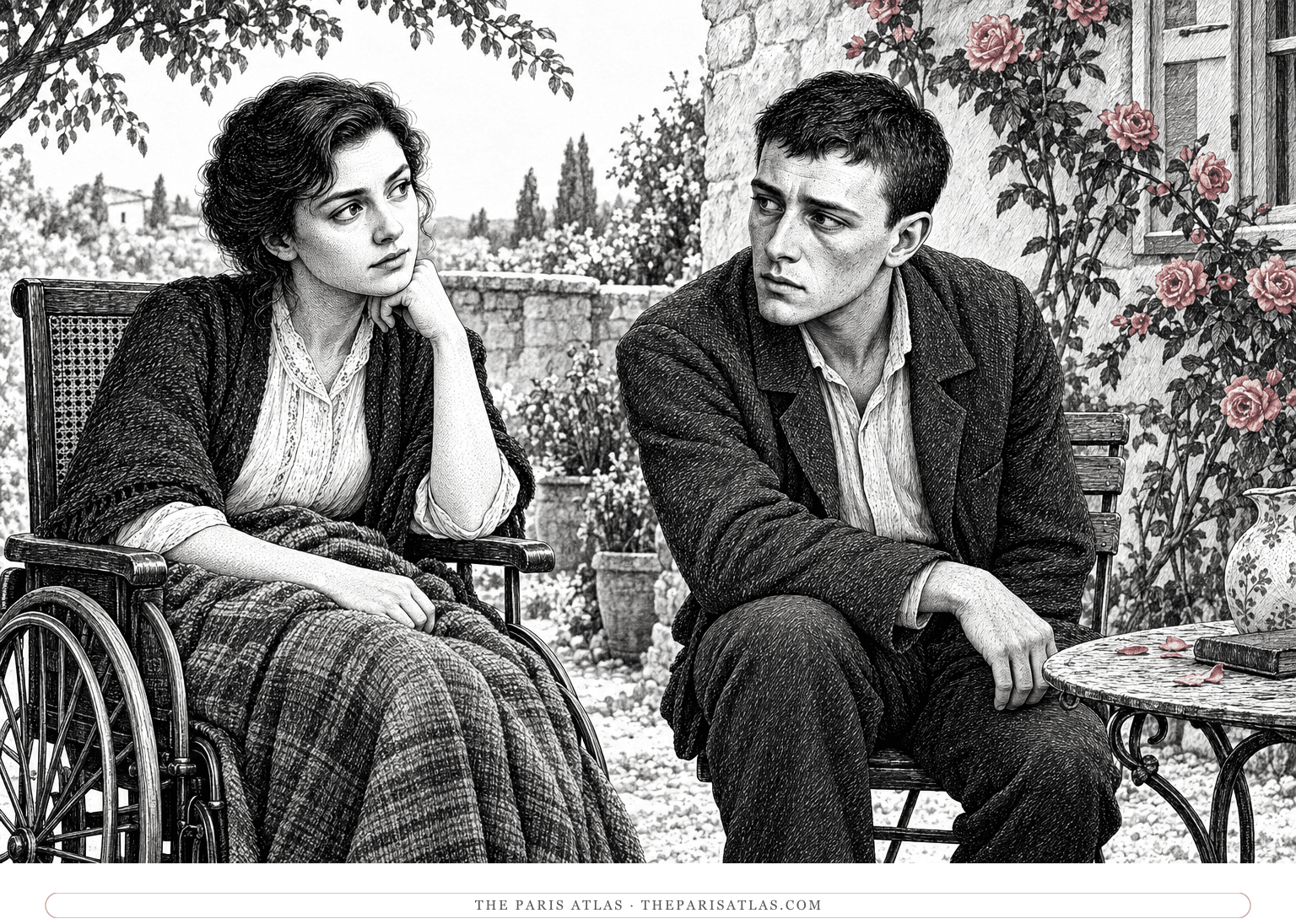 Mathilde in her wheelchair faces Manech across a quiet garden, with a few dusty-rose flowers on the wall behind them.