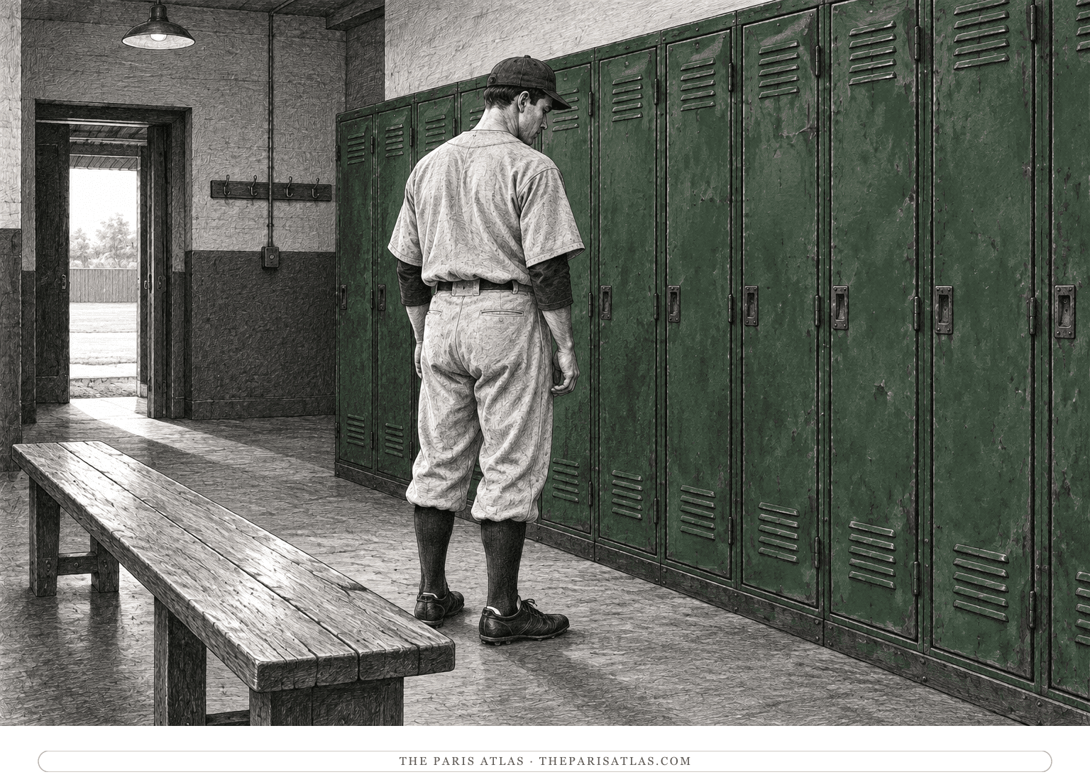 The same baseball player stands quietly in a plain locker room facing rows of worn green metal lockers, with an empty bench beside him.