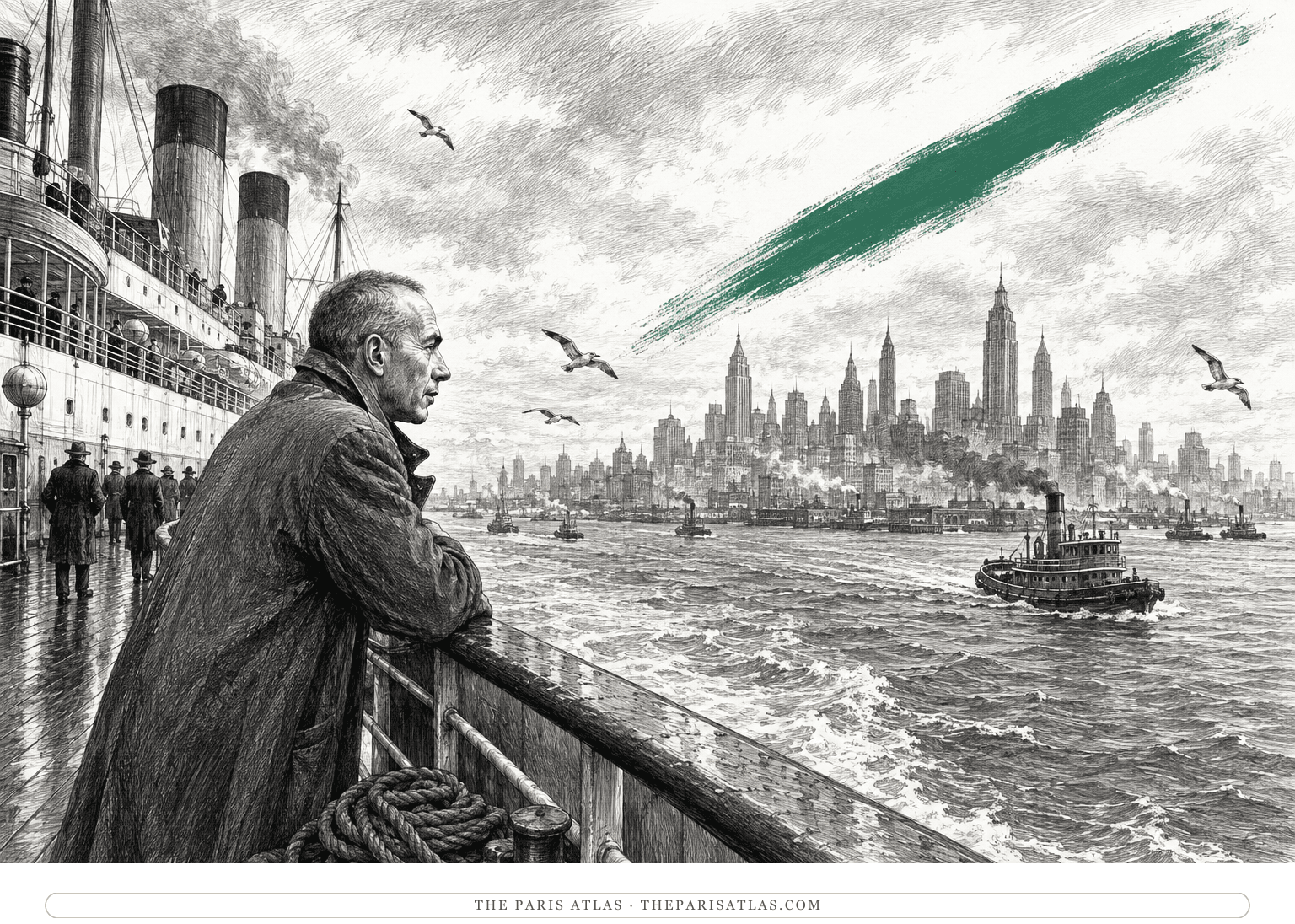 Henry Miller watches Manhattan from an ocean liner beneath a rising jade brushstroke.