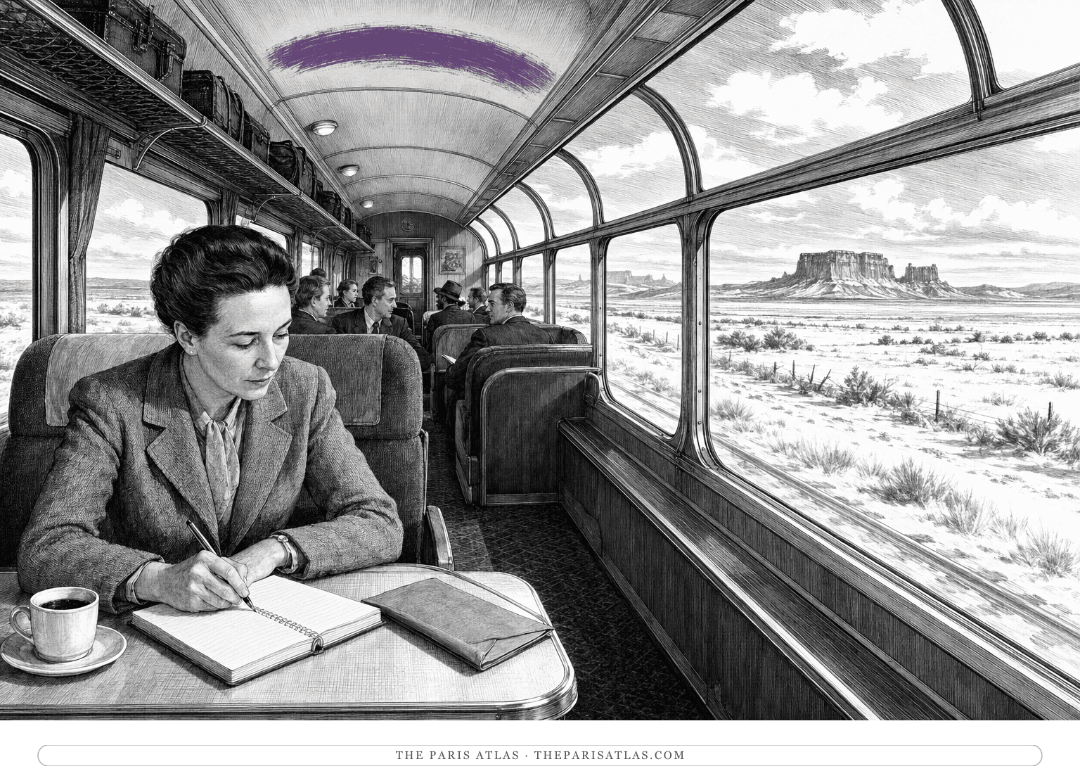 Simone de Beauvoir writes in a 1947 train compartment beneath a sweeping violet brushstroke.