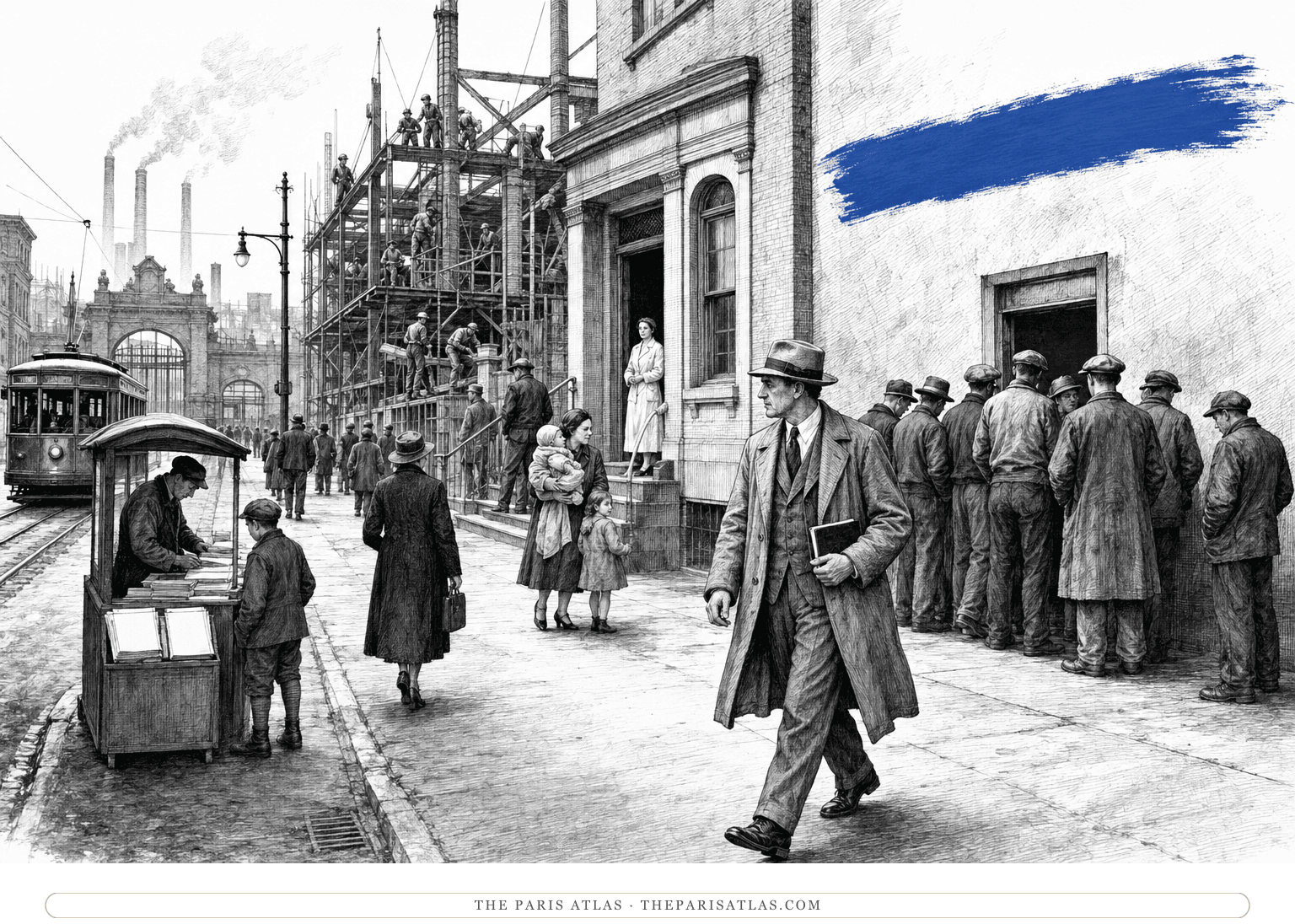 Harold Stearns surveys a busy Depression-era American street beneath a cobalt horizontal brushstroke.