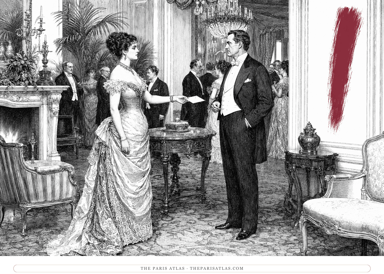 Mrs Cheveley confronts Sir Robert Chiltern with a letter in a Victorian drawing room beneath a burgundy vertical brushstroke.