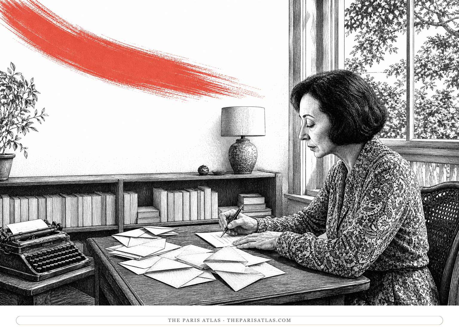 Anaïs Nin writes a reply at a California desk beneath a sweeping coral brushstroke.