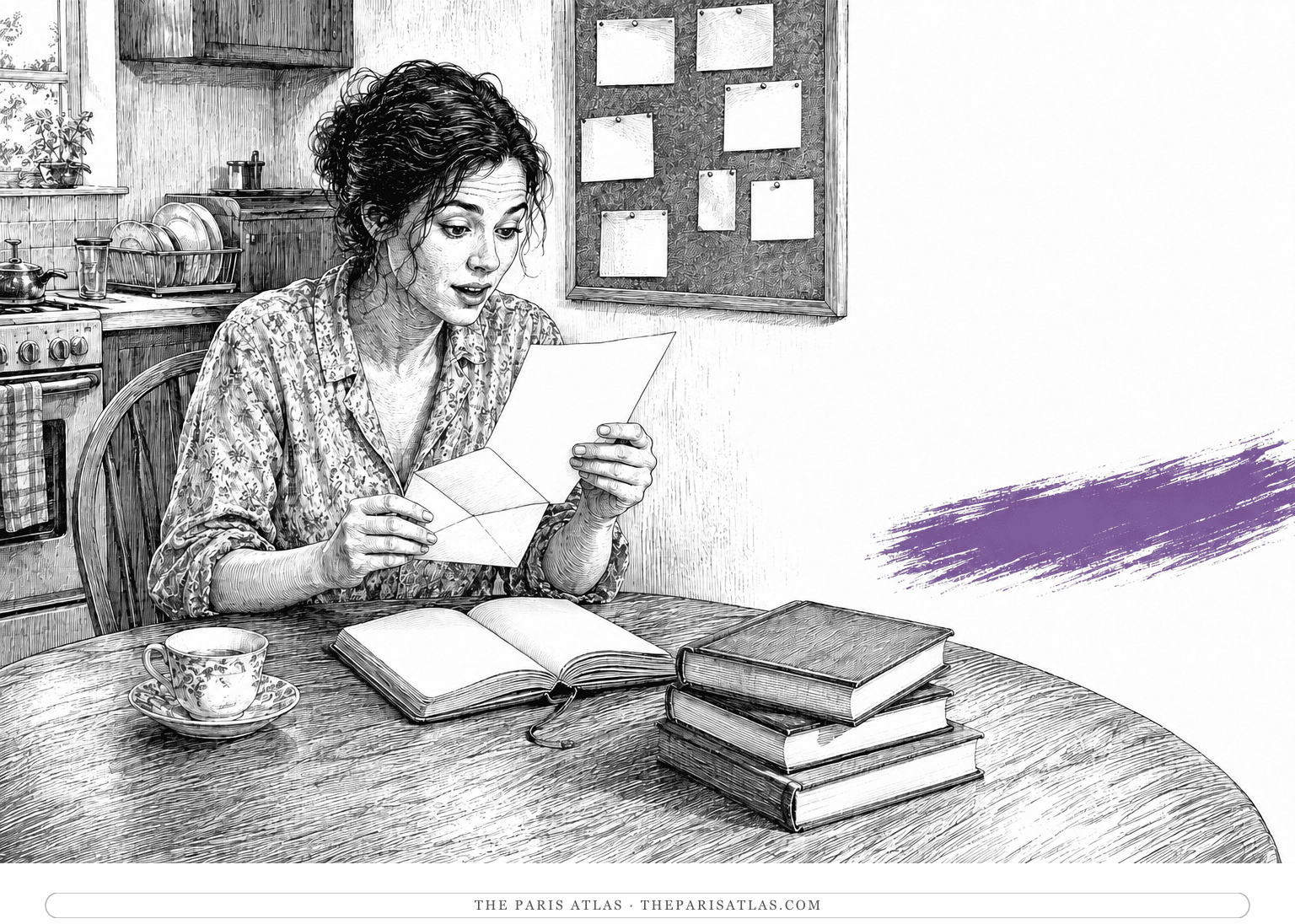 A young adult reader opens Anaïs Nin’s reply at a kitchen table beside a violet horizontal brushstroke.